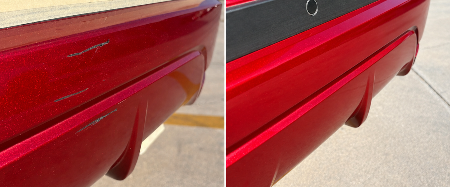 Rear bumper scratch before repair on the left and corrected bumper after repair on the right