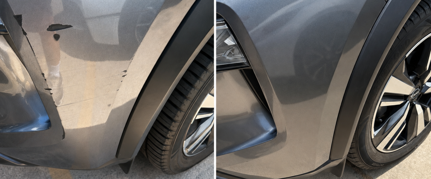 Vehicle body panel before repair on the left and refinished panel after repair on the right