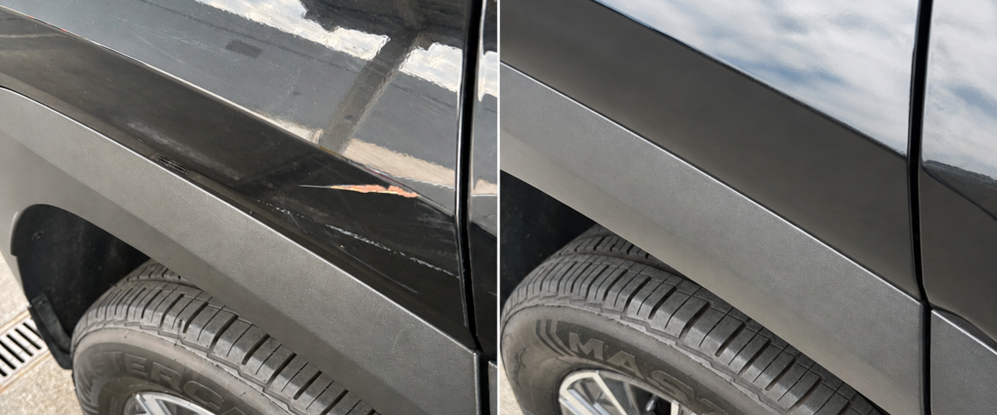 Vehicle cosmetic damage before repair on the left and restored finish after repair on the right